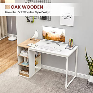 Computer Desk with Storage Shelves 47” White Office Desk with Drawers Small Kids Writing Desk Student Study Table Modern Wood Pc Laptop Gaming Desk for Home Work, Splicing Oak with Metal Legs