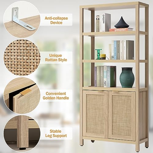 SICOTAS 5 Tier Rattan Boho Bookshelf with Doors - Natural