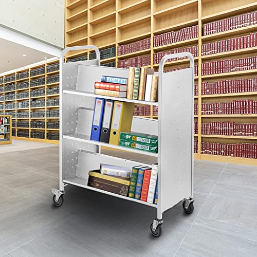 VEVOR Library Cart, 200LBS Rolling Book Cart with Lockable Wheels, White