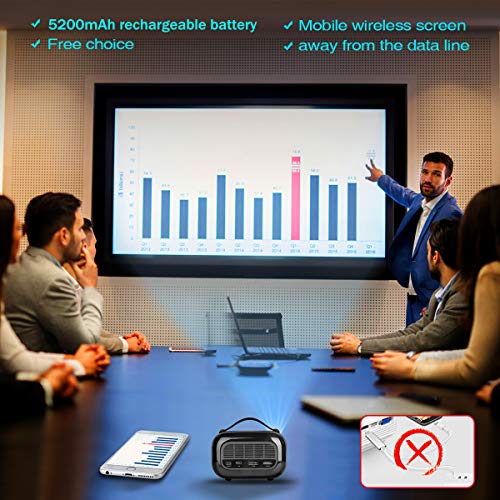 YAKAR portable Wi Fi projector. Wireless screen projector supporting 1080p and 150 ANSI lumens. Built-in Bluetooth, speaker, battery. Compatible: TV Stick，iPhone, Android, HDMI, USB and tablet (black)