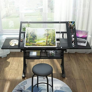 CNAOHGHN Adjustable Tempered Glass Drafting Desk with Chair