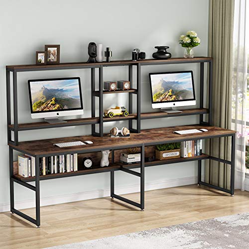 Tribesigns 94.5 inch Two Person Desk with Hutch, Double Workstation Computer Desk with Storage Shelves, Large Industrial Office Desk Study Writing Table with Bookshelf for Home Office, Rustic Brown