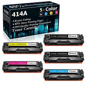 5-Pack (2BK+1C+1Y+1M) 414A | W2020A W2021A W2022A W2023A Toner Cartridge Compatible for HP CMJM478f-M479f Color Laserjet Pro M454dw M478f-M479f MFP M479fdw M479fdn Printer Ink Cartridge