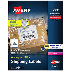 Avery Waterproof Labels with Ultrahold Adhesive, 3-1/3" x 4", Case of 1,500 Labels for Laser Printers (5524)