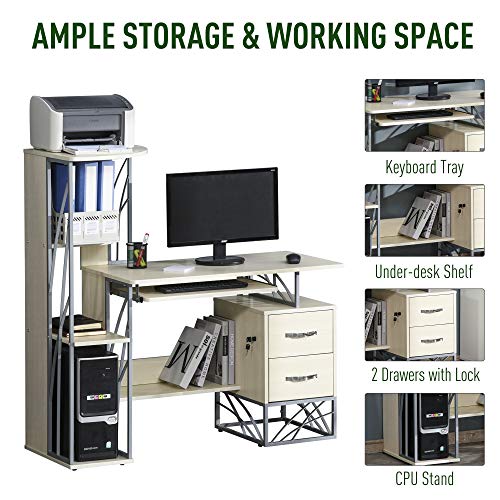 HOMCOM Modern Computer Desk with 4-Tier Bookshelf, Home Office Writing Table Workstation with Tower Storage Shelves Keyboard Tray & Lockable Drawers, Natural