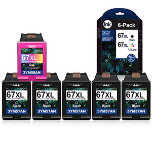 6 Pack (5Black+1Tri-Color) Compatible 67XL 67 XL Remanufactured Ink Cartridge Replacement for HP Deskjet 1255 2732 DeskJet Plus 4140 4152 4155 Envy 6052 6055 Envy Pro 6452 6455 Printer Ink Cartridge.