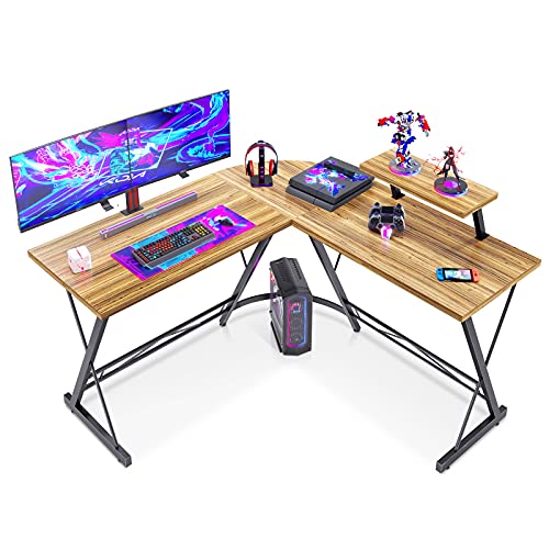 L Shaped Gaming Desk, 51" Home Office Desk with Round Corner Computer Desk with Large Monitor Stand Desk Workstation,Sandalwood