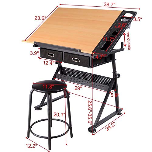 Drafting Table Art Craft Drawing Adjustable Desk Art Hobby Drawers with Stool