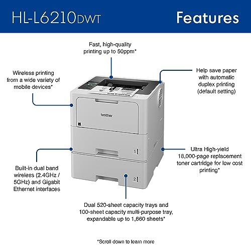 Brother HL-L6210DWT Monochrome Laser Printer with Dual Paper Trays
