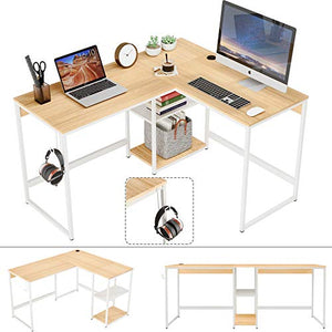 Domy Home L-Shaped Home Office Desk 74'' 2 Person Student Kid Writing Desk w/Storage Shelves Headphone Hook PC Laptop Table Sturdy Metal Frame Easy Assembly Oak