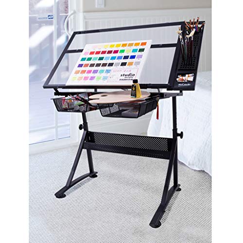 Lgan Tiltable Drawing Table, Adjustable Art Desk, with Storage Craft Table, Drafting Table Glass Panel, Child Adult Drawing Desk