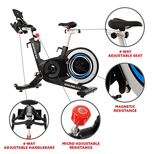 Sunny Health & Fitness Asuna 6100 Sprinter Cycle Exercise Bike - Magnetic Resistance Belt Rear Drive, 350 lb Max Weight with RPM Cadence Sensor, Dual Foot Cage/Clipless (SPD) Pedals