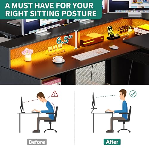 YITAHOME L Shaped Desk with Power Outlets & LED Lights, 60” Corner Computer Desk, Drawers, Lift Top, Monitor Stand, File Cabinet - Black & Brown