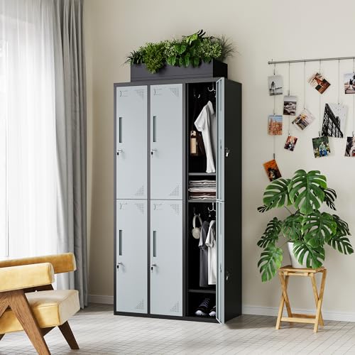 Letaya Metal Lockers for Employees, 71" Storage Cabinet with Lock, Steel Locker for Gym, School, Home, Office Staff (Black Grey, 6 Door)