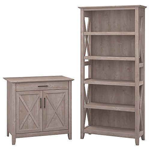 Bush Furniture Key West Secretary Desk with 5 Shelf Bookcase in Washed Gray