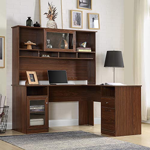 60 Inch Home Office L-Shaped Desk with Hutch and Glass Doors, Writing Workstation with Shelves and File Cabinet for Home Office, 600LBS Load Capacity