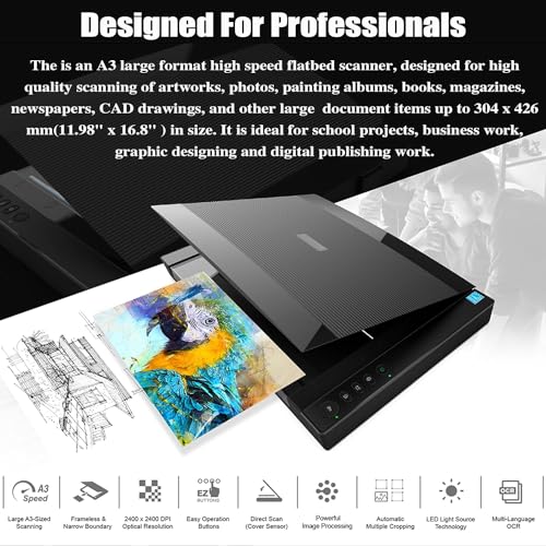 KEULEN Flatbed Scanner A3 Photo Scanner 2400x2400 Resolution Color 200dpi Scan 12"x 17" in 4 Sec Software for Image Processing and OCR Text Recognition Windows Mac Driver Available