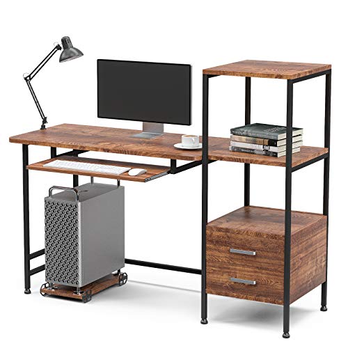 Mecor Study Writing Computer Desk 55" with Drawers/Keyboard Tray/Storage Shelves, Modern Simple Style PC Desk Laptop Study Table Workstation for Home Office (Walnut Brown)
