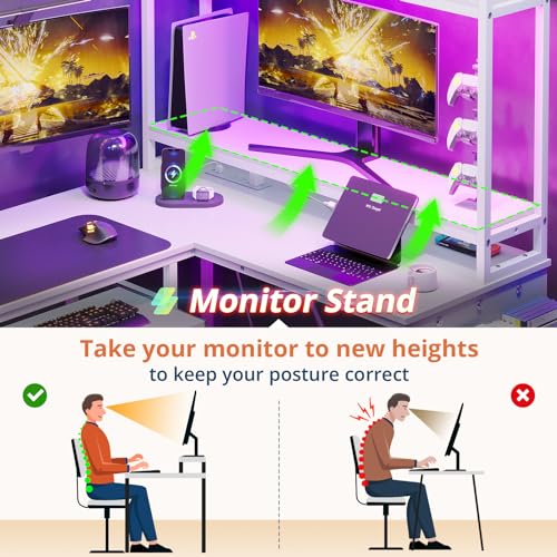 VIGKOOK L Shaped Gaming Desk with Power Outlet & LED Strip, White, 67in