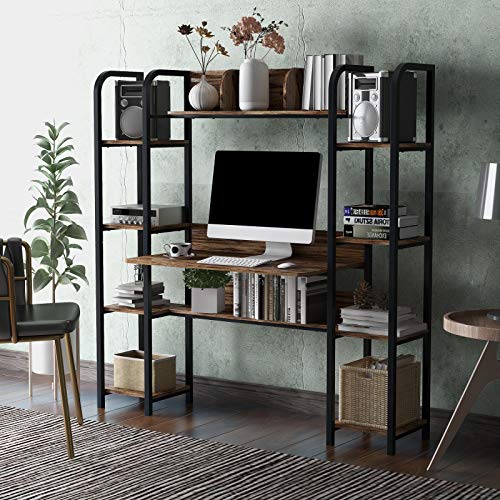 Okngr Computer Desk with Hutch and Bookshelf, Industrial Study Writing Table Home Office Writing Desk with Bookshelf Workstation Desk Gaming Desk, Rustic Brown