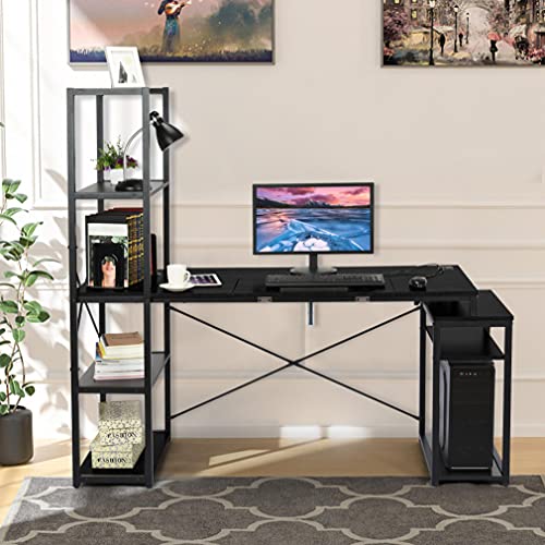 Drafting Table, Drawing Table with Adjustable Tiltable Tabletop, Multi-Function Office Desk with Storage Shelves, Large Computer Writing Desk Artist Craft Workstation for Office and Home Use (Black)