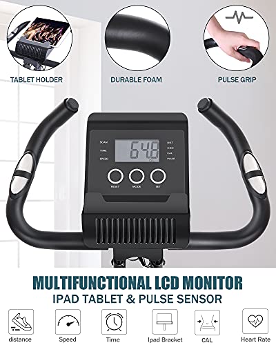 Exercise Bike Folding Stationary Bike Magnetic Recumbent 3-in-1 Cycling Slim Bike with Arm Resistance Bands & LCD Monitor for Men and Women Indoor Outdoor, black, 32 x 19 x 39 inches