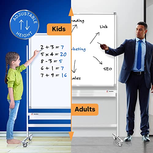 Magnetic Mobile Whiteboard 70” x 36” - Double-Sided, Height-Adjustable - 4 Free Accessories (A1 Flipchart & Holders/Eraser/Clock) - 2X More Stain-Resistant, No Ghosting | White Frame