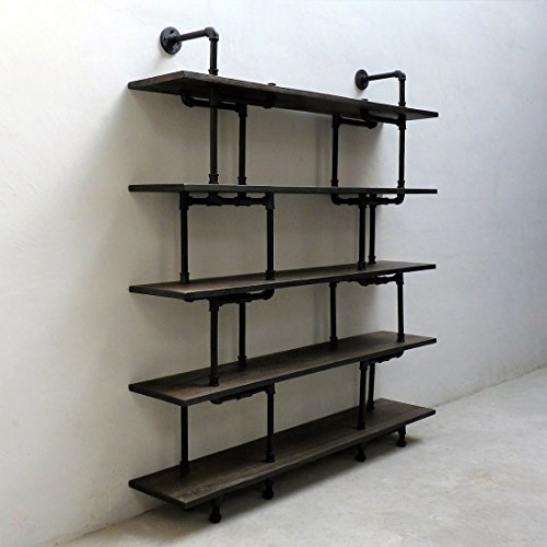 Eugene Modern Industrial 71-Inch Tall x 64-Inch Wide Large Storage 5-Shelf Pipe Bookcase Etagere Metal And Reclaimed Aged Finish With Sustainable Solid Wood (Dark Brown Stained wood)