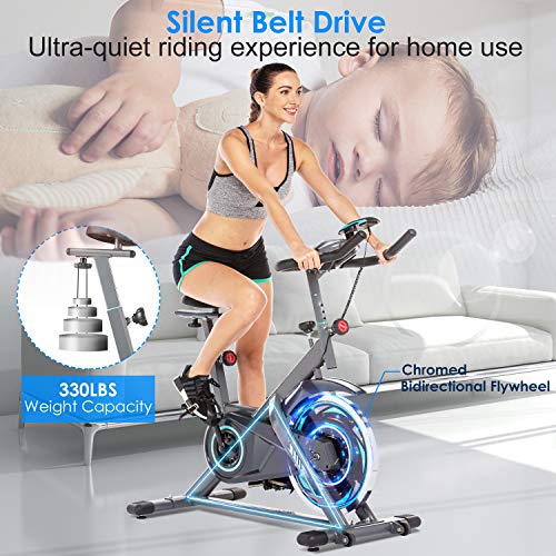 FUNMILY Indoor Exercise Bike Stationary, Cycling Bike-Belt Drive with Heart Rate Monitor & LCD Monitor, Comfortable Seat Cushion, Flywheel- Commercial Standard for Home Cardio Workout (Silver)