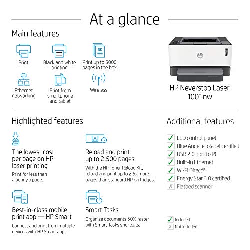 HP Neverstop Laser Printer 1001nw, Wireless Laser with Cartridge-Free Monochrome Toner Tank (5HG80A)