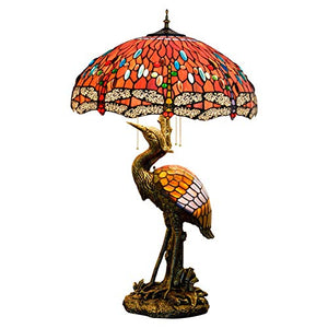 Xiaochen Antique Tiffany Style 20" Male Bird Desk Lamp - Red Dragonfly Glass Lampshade for Living Room Study Bedroom