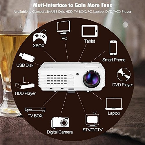 EUG WXGA LCD 1080P Projector Home Theater, 4400 Lumen LED Inside Outside Movie Projectors with Zoom Compatible with TV Stick, HDMI, USB, VGA, Xbox, Laptop for Gaming Sports Matches Artworks Party.