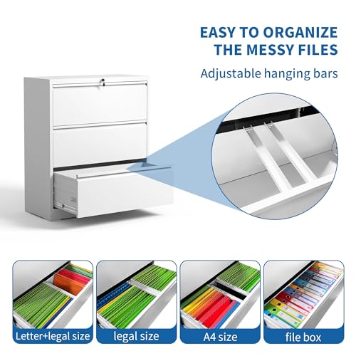 Yukimo Metal Lateral File Cabinet with Lock, 3 Drawer Storage, White