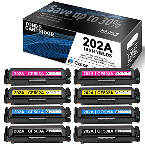 8 Pack (2BK+2C+2Y+2M) 202A CF500A CF501A CF502A CF503A Toner Cartridge Replacement for HP Color Pro M254nw M254dw M254dn MFP M280nw MFP M281fdn M281fdw MFP M281cdw Laser Printer