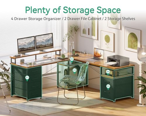AODK 66" L Shaped Computer Desk with File Cabinet, Drawers, LED Lights, and Power Outlet