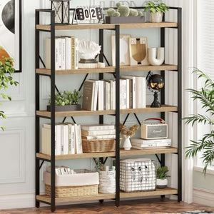 FATORRI Industrial 5 Tier Bookshelf, Rustic Wood Etagere Bookcase