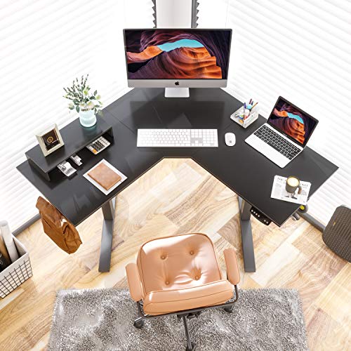 FEZIBO L-Shaped Electric Standing Desk, 48 Inches Height Adjustable Corner Desk, Full Sit Stand Home Office Table with Splice Board, Black Frame/Black Top