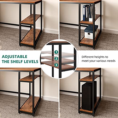 YITAHOME Computer Desk with 7 Storage Shelves, Writing Table Workstation with Bookshelf Hutch, L-Shape Study Work Desk with 55 inch Desktop for Home Office, Teak