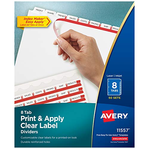 Avery Index Maker Clear Label Dividers, 8.5 x 11 Inch, 8 Tab, White Tab, 50 Sets  (11557)