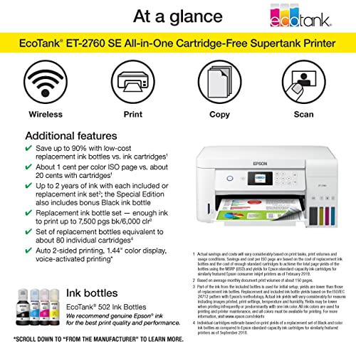 Epson EcoTank ET-2760 All-in-One Supertank Wireless Color Inkjet Printer, White - Print Scan Copy - 10.5 ppm, 5760 x 1440 dpi, Auto 2-Sided Printing, Voice Activated, 1.44" LCD, Memory Card Slot