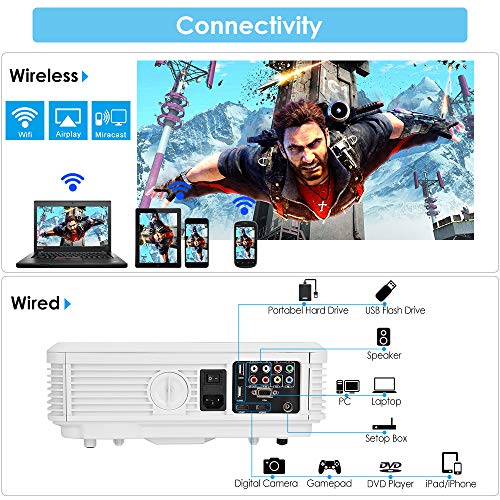 EUG Bluetooth Projector HD 4400 Lumen Wxga Android WiFi Home Cinema Projector Wireless Airplay Suport HD 1080P Compatible with HDMI USB VGA RCA TV Stick PS4 DVD Smartphone Laptop
