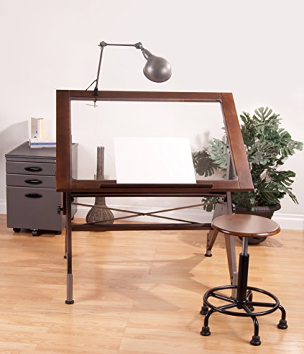 Studio Designs 13311 Aries Glass Top Drafting Table, Dark Walnut with Champagne Metal