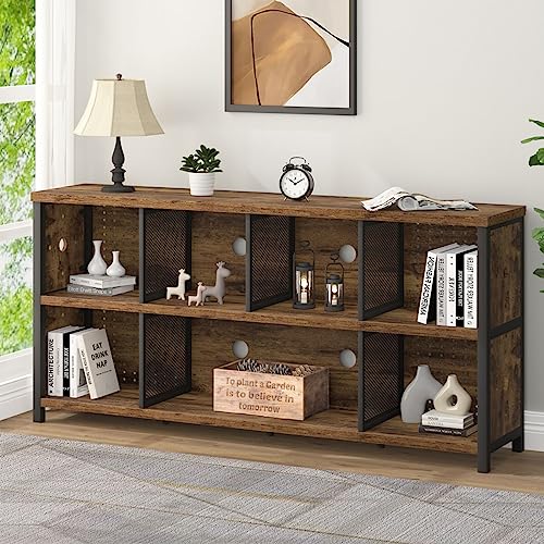 LVB Rustic Horizontal Bookshelf, Industrial Cube Storage Organizer, 63" - Rustic Brown