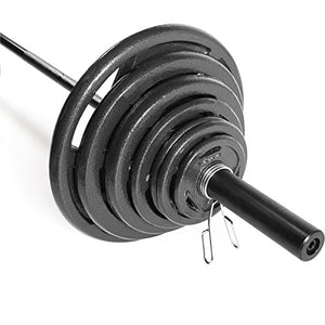 WF Athletic Supply 300 LB Cast Iron Olympic Weight Set with 7’ Olympic Bar for Muscle Toning, Strength Building, Weight Loss - Multiple Choices Available (c. Black Grip Plate Set)