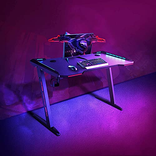 Gaming Desk, Arespark Computer Desk with 7 Mode LED Light, 55" Home Office Desks PC Desk Writing Desk, Gaming Table Workstation, Z-Shaped Computer Gaming Desk & Carbon Fiber Surface