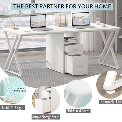 LVB Large 2 Person White Computer Desk with File Cabinet and Storage Shelf
