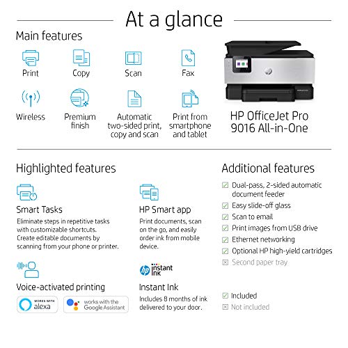 HP OfficeJet Pro 9016 All-in-One Wireless Printer - Includes 8 Months of Ink Delivered to Your Door and Smart Tasks for Home Office Productivity, Works with Alexa (1KR47A)