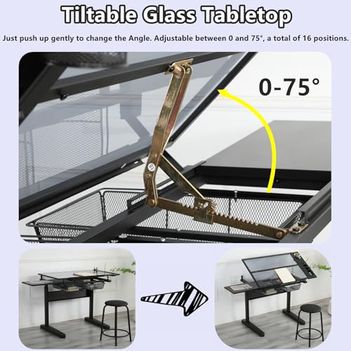 Gynsseh Height Adjustable Glass Drafting Table with Stool, 75° Tilting Tabletop - S3-Black