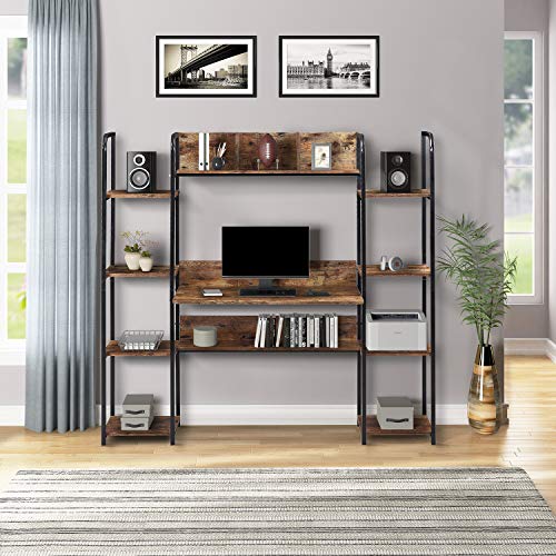 Merax. Home Office Hutch and Double Bookcase, Computer Workstation with Storage Bookshelf Desk, Brown