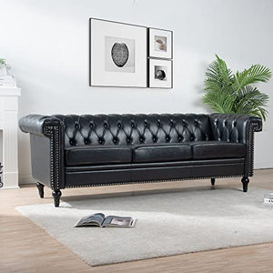Generic 82.5 Inch Width Traditional Square Arm Removable Cushion 3-Seater Sofa Black Solid Polyurethane